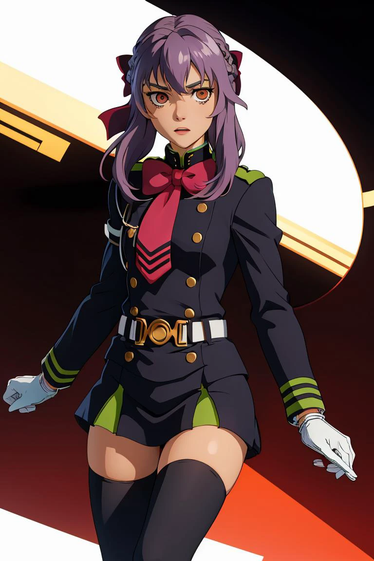 (masterpiece, best quality), 1girl, <lora:hiiragi_shinoa_v1:1> aashinoa, hair bow, military uniform, red bowtie, long sleeves, armband, white gloves, belt, black thighhighs