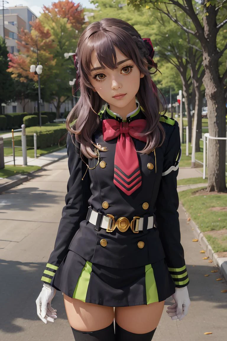 (masterpiece, best quality), 1girl, <lora:hiiragi_shinoa_v1:1> aashinoa, hair bow, military uniform, red bowtie, long sleeves, armband, white gloves, belt, black thighhighs