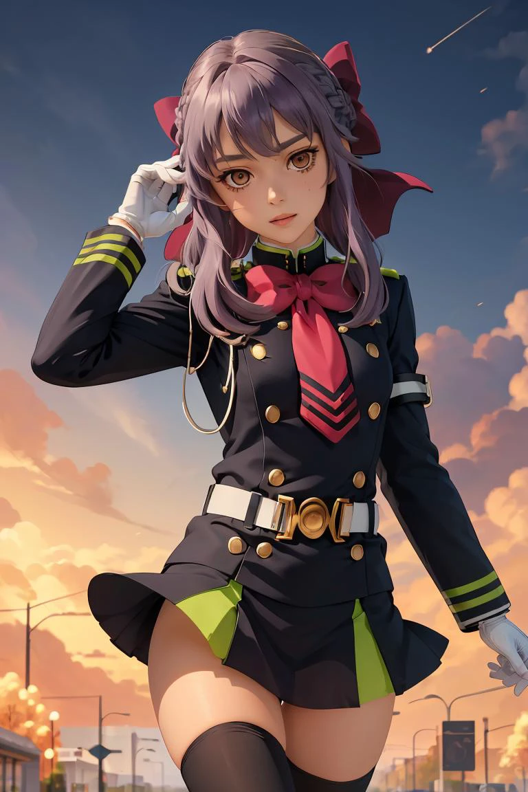 (masterpiece, best quality), 1girl, <lora:hiiragi_shinoa_v1:1> aashinoa, hair bow, military uniform, red bowtie, long sleeves, armband, white gloves, belt, black thighhighs