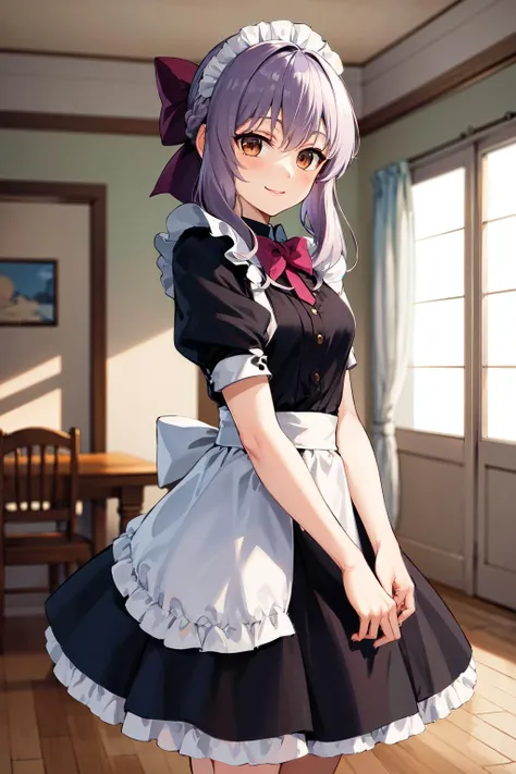 masterpiece, best quality, highres, aashinoa, hair bow, <lora:hiiragi_shinoa_v1:0.7>, indoors, maid, smile,