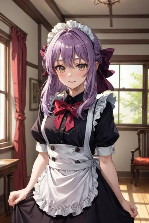 masterpiece, best quality, highres, aashinoa, hair bow, <lora:hiiragi_shinoa_v1:0.7>, indoors, maid, smile,