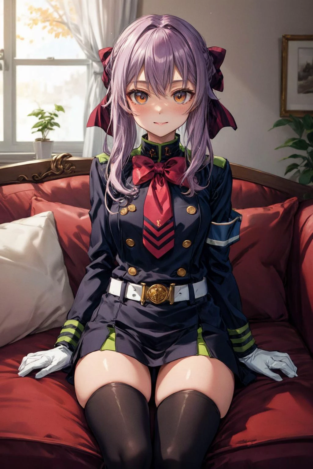 masterpiece, best quality, highres,
aashinoa, hair bow, military uniform, red bowtie, long sleeves, armband, white gloves, belt, black thighhighs, <lora:hiiragi_shinoa_v1:0.7>
,smile, indoor, living room, couch