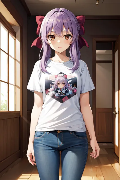 masterpiece, best quality, highres, aashinoa, hair bow, <lora:hiiragi_shinoa_v1:0.7>, white shirt, t-shirt, jeans, standing, indoors,