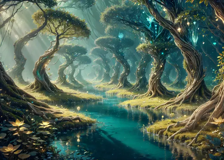 (<lora:FaeTech-30:0.6> iridescent, pixie dust,  faetech) Mangrove forest landscape ,bioluminescent glow, bioluminescent plants  scenery , Oil painting filter ,Framing composition [[<lora:OrokinTech:0.5>,   smooth, orokintech]]