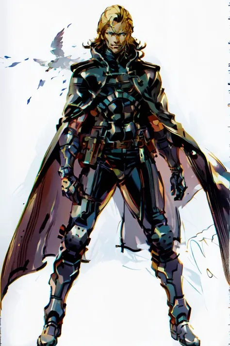 <lora:shinkawa_youji_style_v01:1>, ultra detailed, masterpiece, best quality,, solo, smile, 1boy, blue eyes, medium blonde hair, parted bangs, hair intakes, male focus, muscular male,, armor, pauldrons, cuirass, gauntlets, waist cape, greaves, black bodysuit, surcoat, shoulder sash, wing shoulder armor, cape, pants,