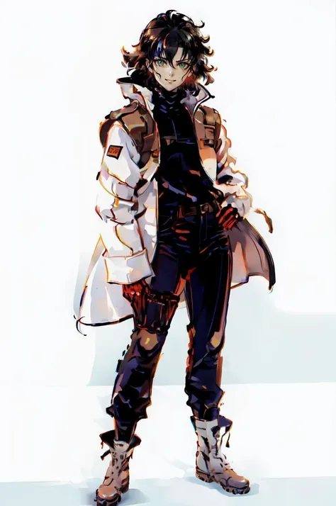 <lora:shinkawa_youji_style_v01:1>, ultra detailed, masterpiece, best quality,, ultra detailed, masterpiece, best quality, solo, smile, 1boy, green eyes, short hair, black hair, bangs, hair between eyes, messy hair, goggles on head,, headband, white coat, hooded coat, hood down, open coat, turtleneck, capri pants, pants, black knee boots,