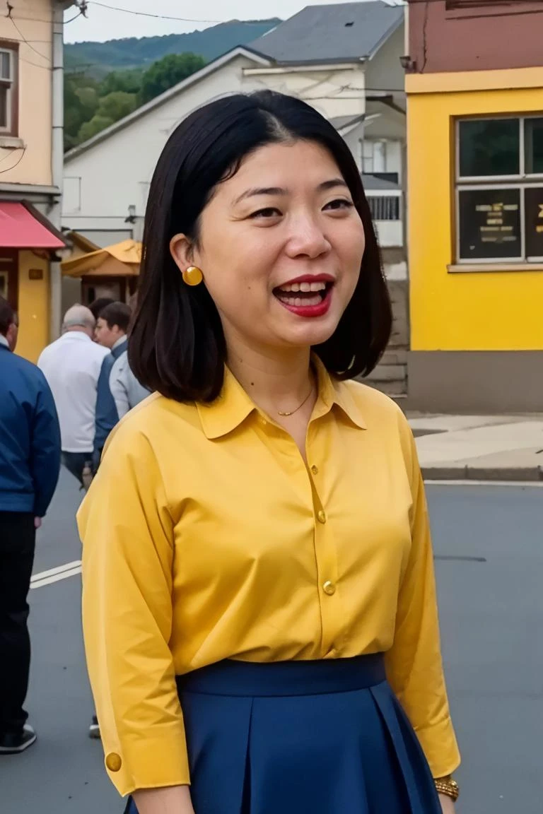 <lora:Tricia:0.75>, realistic photo of Tricia, a middle aged (asian:0.4) woman, yellow shirt,blue jacket, dress skirt, gold earrings, facing viewer, solo, black hair, standing,upper body, holding red microphone,outdoors,(masterpiece:1.0), (best quality:1.0), beautiful, (intricate details), unity 8k wallpaper, ultra detailed, sunlight, outdoors, outside, candid photo