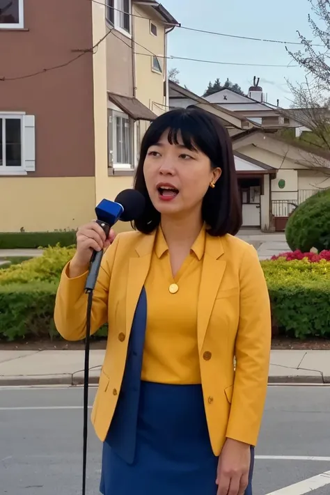 <lora:Tricia:0.75>,  realistic photo of Tricia, a middle aged (asian:0.4) woman, yellow shirt,blue jacket, dress skirt, gold earrings, facing viewer, solo, black hair, standing,upper body, holding red microphone,outdoors,(masterpiece:1.0), (best quality:1.0), beautiful, (intricate details), unity 8k wallpaper, ultra detailed, sunlight, outdoors, outside, candid photo