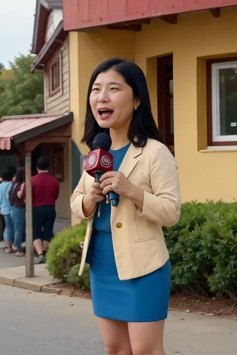 <lora:Tricia:0.75>, realistic photo of Tricia, a middle aged (asian:0.4) woman, yellow shirt,blue jacket, dress skirt, gold earrings, facing viewer, solo, black hair, standing,upper body, holding red microphone,outdoors,(masterpiece:1.0), (best quality:1.0), beautiful, (intricate details), unity 8k wallpaper, ultra detailed, sunlight, outdoors, outside, candid photo