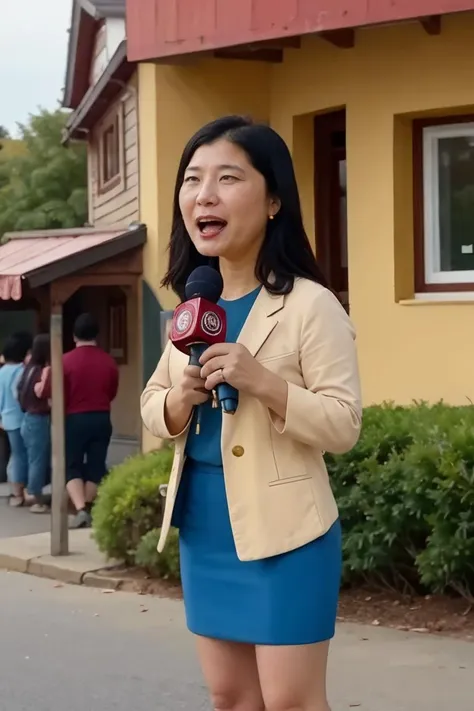 <lora:Tricia:0.75>,  realistic photo of Tricia, a middle aged (asian:0.4) woman, yellow shirt,blue jacket, dress skirt, gold earrings, facing viewer, solo, black hair, standing,upper body, holding red microphone,outdoors,(masterpiece:1.0), (best quality:1.0), beautiful, (intricate details), unity 8k wallpaper, ultra detailed, sunlight, outdoors, outside, candid photo