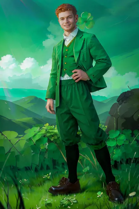 standing on a hill overlooking (Irish countryside), rainbow in the sky, four-leaf clover in the foreground, smiling, ginger hair, DeanYoung is a leprechaun wearing green clothes, green jacket, (green knicker pants), ((black socks)), Ghillie shoes, (((full body portrait))), wide angle, <lora:LeprechaunMale:0.70> <lora:DeanYoung:0.8>