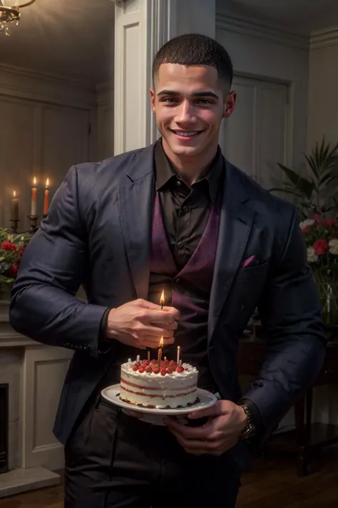 ((masterpiece)), ((best quality:1.2)), High Resolution, 8k, (ultra_realistic:1.3), (photorealistic:1.4), ((handsome)), instagram model, a beautiful shot of (jordan_torres), (beautiful sexy slim body:1.2), mature, masculine, buzz cut, short hair, wearing formal clothes, formal pants, birthday hat, blowing candles on cake, happy, smiling, rich interior, rich household, indoor, cake, <lora:Jordan_Torres:0.8>, <lora:add_detail:0.8>