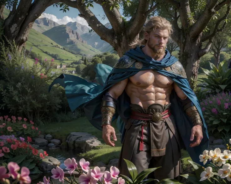 1man, muscle body,viking,Ancient costumes, Cloak,streams, grass, orchids, Many flowers, butterflies, high quality, High detail, depth of field, short hair, HDR