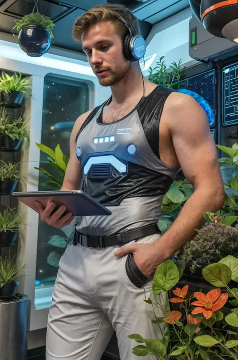 25 year old scruffy lanky dutch man using a tablet, futuristic, sci-fi, space station interior, hydroponic garden, sci-fi cyberpunk outfit, (tank top), view of a planet from outer space, plants, studying plants, sci-fi headset, muscular, biceps,