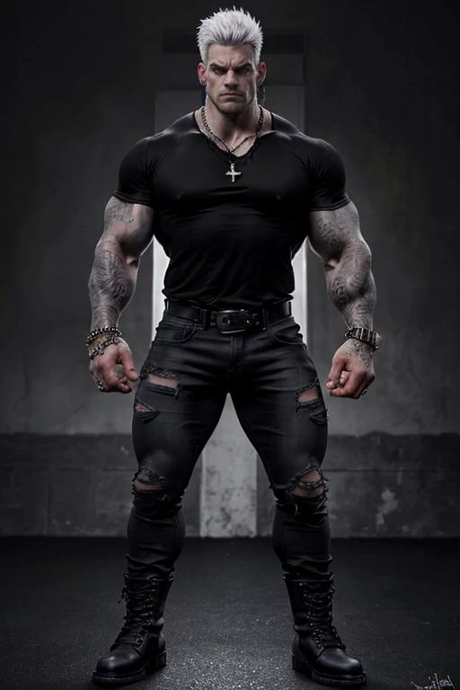 Full body image of a very muscular, strong 30 year old beautiful male bodybuilder with very long windswept white hair and hazel eyes. Wearing a skintight black v-neck t-shirt, black distressed jeans, black combat boots, and a purple belt. Huge muscular arms, big biceps, big thighs. Many rings, necklaces, and jewelry. Eyeliner, Intimidating pose, glaring at viewer. Gothic aesthetic with many piercings and tattoos. Dark environment.