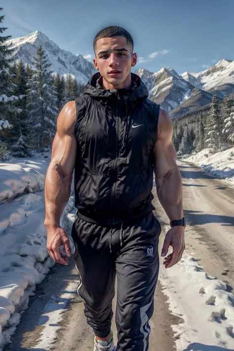 ((masterpiece)), ((best quality:1.2)), High Resolution, 8k, (ultra_realistic:1.3), (photorealistic:1.4), ((handsome)), instagram model, a beautiful shot of (jordan_torres), (beautiful sexy slim body:1.2), mature, masculine, buzz cut, short hair, wearing sleeveless jacket, jogging pants, standing in the middle of nowhere, snow background, mountains, surrounded by forest, outdoors, night, stars, flowers, <lora:Jordan_Torres:0.8>, <lora:add_detail:0.8>