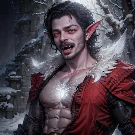 Portrait of a handsome pale white male vampire with an (((open mouth))), showing his (((sharp fangs))) <lora:fangs:1> and short jet black hair, (((glowing red eyes))) and pointed ears. EasyMalePortrait <lora:ColoredSkin:0.8> snow white skin