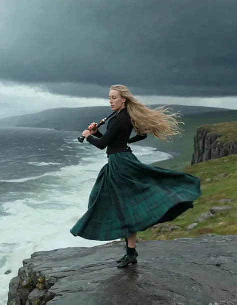 A lone blonde woman, Tiffany Janzen, stands atop a desolate cliff in the Scottish highlands, her long, flowing hair whipping behind her as she pirouettes gracefully amidst the swirling storm clouds and crashing waves below. The haunting melody of bagpipes drifts from a distant village, creating an emotional tone that encapsulates her solitude and strength. <lora:uvuzgg18fe307982fz210:1>