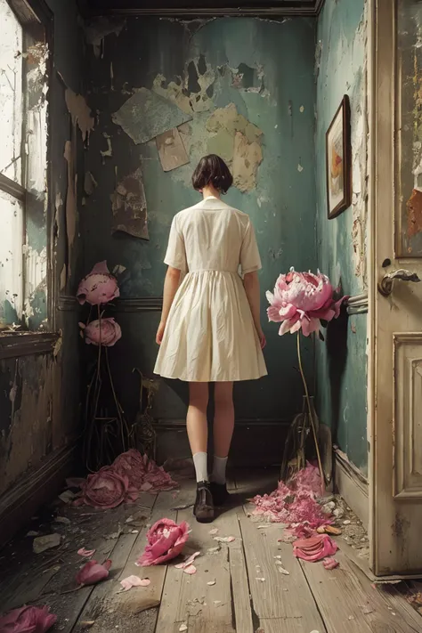 masterpiece,best quality,<lora:tbh156-:0.7>,illustration,style of Philip Lorca diCorcia, decaying peonies