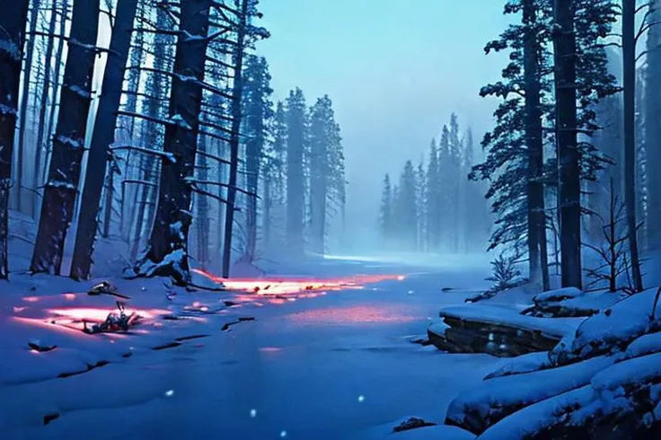photograph, hyperrealism, cinematic color grading, fantasy, blue hour, winter, scenery,
