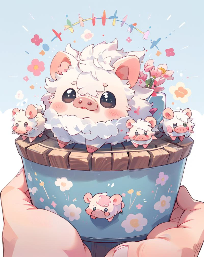 Best quality, (masterpiece:1.1576), (high resolusion:1.2155), (ultra detailed 8k art:1.05), kawaii, (fluffy:1.4), cute, (micro pigs:1) , deformation, multiple Kawaii pigs, lots of micro sized pigs