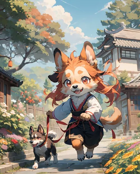 best hands,best quality,(masterpiece,ultra detailed 8k art),chibi, (Deformed,illustration:1.3),running,Fluffy,Anime style, (anthro, 1 girl,lopâeared furry girl),(lopâeared dog,drooping ears dog:1.5),out door, chinese clothes,orange long hair, (orange drooping ears),(drooping ears:1.2), orange tail, red eyes,flower garden