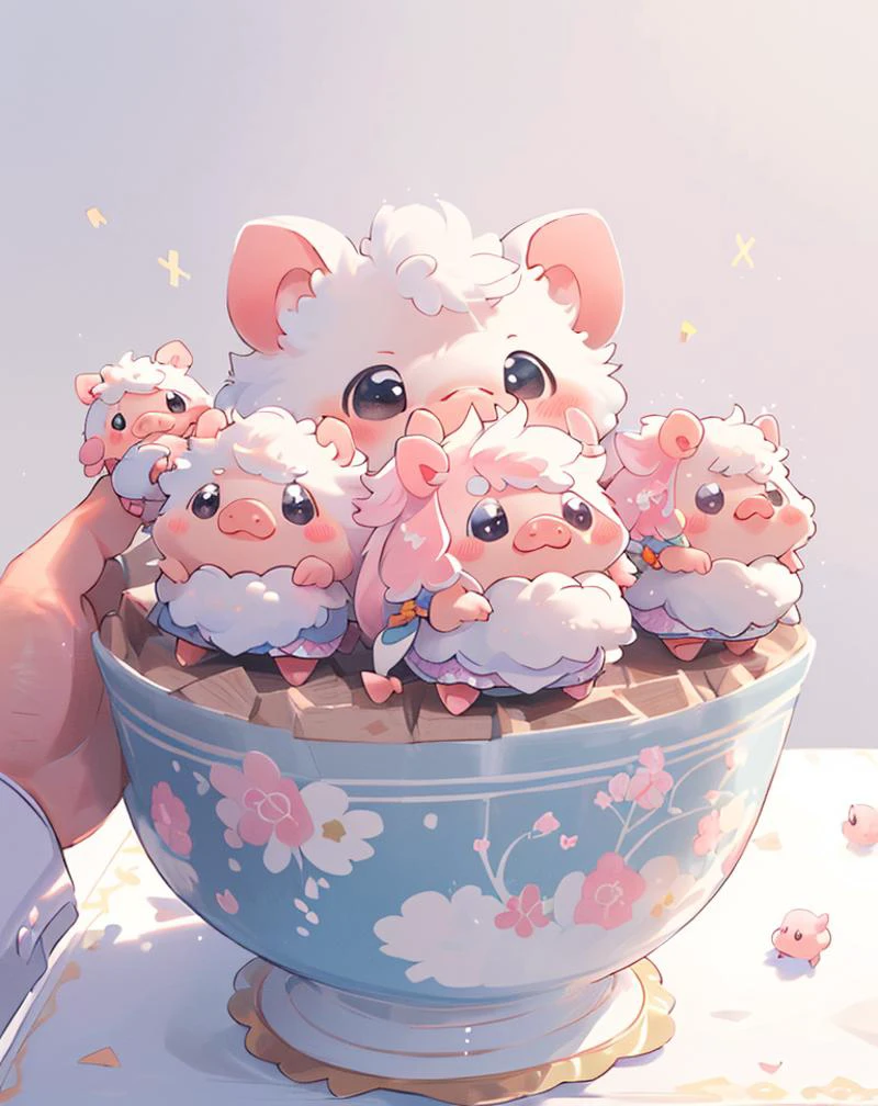 Best quality, (masterpiece:1.1576), (high resolusion:1.2155), (ultra detailed 8k art:1.05), kawaii, (fluffy:1.4), cute, (micro pigs:1) , deformation, multiple Kawaii pigs, lots of micro sized pigs