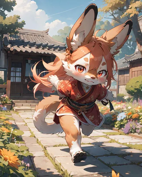 best hands,best quality,(masterpiece,ultra detailed 8k art),chibi, (Deformed,illustration:1.3),running,Fluffy,Anime style, (anthro, 1 girl,lopâeared furry girl),(lopâeared dog,drooping ears dog:1.5),out door, chinese clothes,orange long hair, (orange drooping ears),(drooping ears:1.2), orange tail, red eyes,flower garden