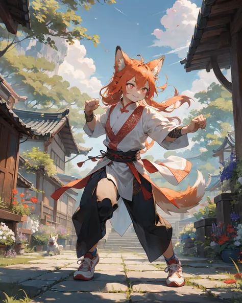 best hands,best quality,(masterpiece,ultra detailed 8k art,illustration),kung fu, (human face, 1 girl,drooping ears dog),out door, chinese clothes,orange long hair, (orange drooping ears),(drooping ears:1.2), orange tail, red eyes,flower garden, looking up at the sky BREAK
smile,(full body), kung fu shoes