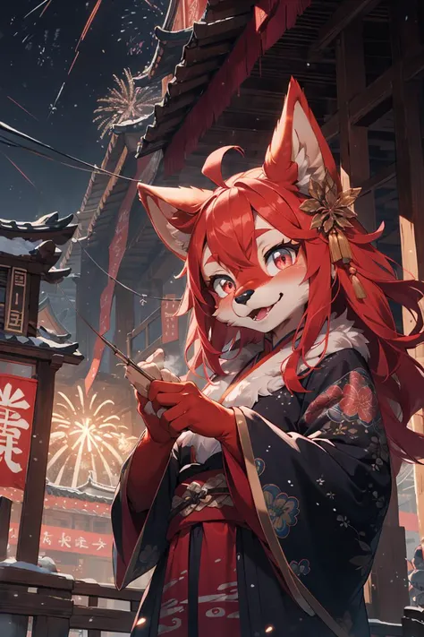 from below,(best Fluffy hands:0.7),wide Shot,best quality,(official art, masterpiece,ultra detailed 8k art,fantasy),upper body, (furry,anthro,Fluffy body:1.3),(Fluffy,furry female,1 hand on ches,red cat earst), focus face, 1 cat's thin red tail,pink eyes, chinese clothes, wavy hair, medium long hair BREAK
night view,backlight,hair ornaments,(winter, fireworks,Spectacular view:1.25),outdoor,smile,(midnight:1.2) , old dilapidated building, China, Clothes with traditional Chinese patterns, golden patterns,wonder, brilliance,festival, crowd,new year,square,(looking at viewer),steam