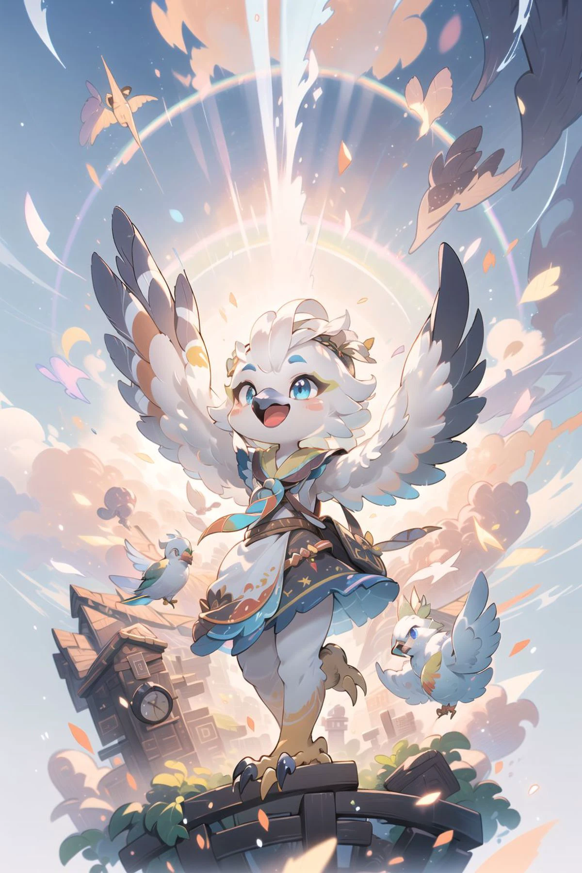 Style-GHL,(fisheye), From front, full body,best quality,( masterpiece,ultra detailed 8k art), 1girl, solo,Fluffy body,Fluffy,(anthro),focus 1boy,furry bird male,(Close up 1 bird boy:0.7),tulin, rito, blue eyes, bird, beak, feathers, open mouth, male focus, flying, talons, bird_wings,
sky, clouds, sunny day, floating_island,light_beam,light particles, rainbow_gradient, prismatic glitter,   <lora:tulin - v1.0:0.9>