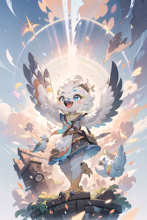 Style-GHL,(fisheye), From front, full body,best quality,( masterpiece,ultra detailed 8k art), 1girl, solo,Fluffy body,Fluffy,(anthro),focus 1boy,furry bird male,(Close up 1 bird boy:0.7),tulin, rito, blue eyes, bird, beak, feathers, open mouth, male focus, flying, talons, bird_wings,
sky, clouds, sunny day, floating_island,light_beam,light particles, rainbow_gradient, prismatic glitter, <lora:tulin - v1.0:0.9>