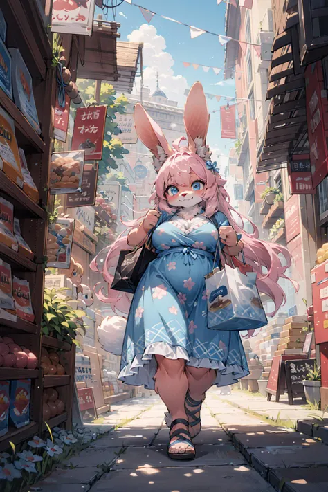 from below, wide Shot,best hands,best quality,(masterpiece,ultra detailed 8k art,illustration),Fluffy, (anthro, 1 girl,pink furry girl,rabbit ears),out door,(pink long hair),downtown,shopping, blue eyes,smile,(full body),flour pattern sky blue Casual dress BREAK
light blue sandals,Shopping bag,crossbody bag,Window shopping, standing at the store entrance,fantasy, (nordic,Chubby:1.2)