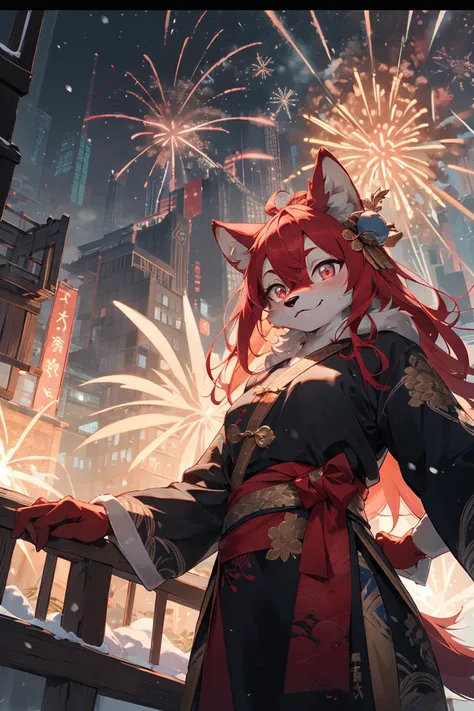 from below,(best Fluffy hands:0.7),wide Shot,best quality,(official art, masterpiece,ultra detailed 8k art,fantasy),upper body, (furry,anthro,Fluffy body:1.3),(Fluffy,furry female,1 hand on ches,red cat earst), focus face, 1 cat's thin red tail,pink eyes, chinese clothes, wavy hair, medium long hair BREAK
have a Chinese bun,night view,backlight,hair ornaments,(winter, fireworks,Spectacular view:1.25),outdoor,smile,(midnight:1.2) , old dilapidated building, China, Clothes with traditional Chinese patterns, golden patterns,wonder, brilliance,festival, crowd,new year,square,(looking at viewer),steam