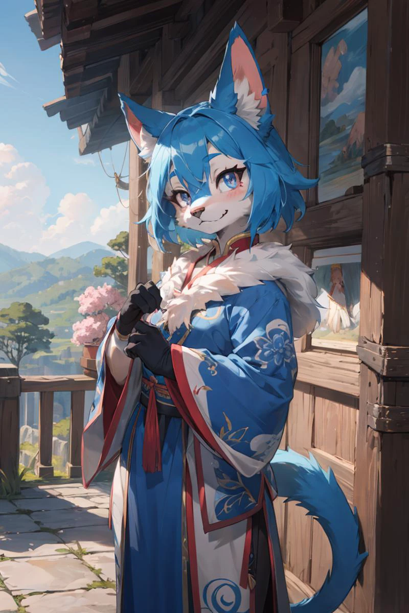 best hands,best quality,(masterpiece,ultra detailed 8k art),Fluffy, (anthro, 1 girl,furry female,cat),out door, chinese clothes, iron blue Medium hair, iron blue ear, iron blue tail, pink eyes