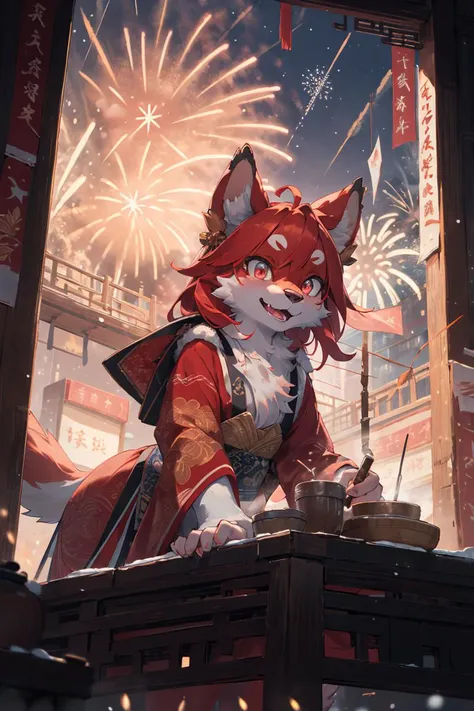 from below,(best Fluffy hands:0.7),wide Shot,best quality,(official art, masterpiece,ultra detailed 8k art,fantasy),upper body, (furry,anthro,Fluffy body:1.3),(Fluffy,furry female,1 hand on ches,red cat earst), focus face, 1 cat's thin red tail,pink eyes, chinese clothes, wavy hair, medium long hair BREAK
have a Chinese bun,night view,backlight,hair ornaments,(winter, fireworks,Spectacular view:1.25),outdoor,smile,(midnight:1.2) , old dilapidated building, China, Clothes with traditional Chinese patterns, golden patterns,wonder, brilliance,festival, crowd,new year,square,(looking at viewer),steam