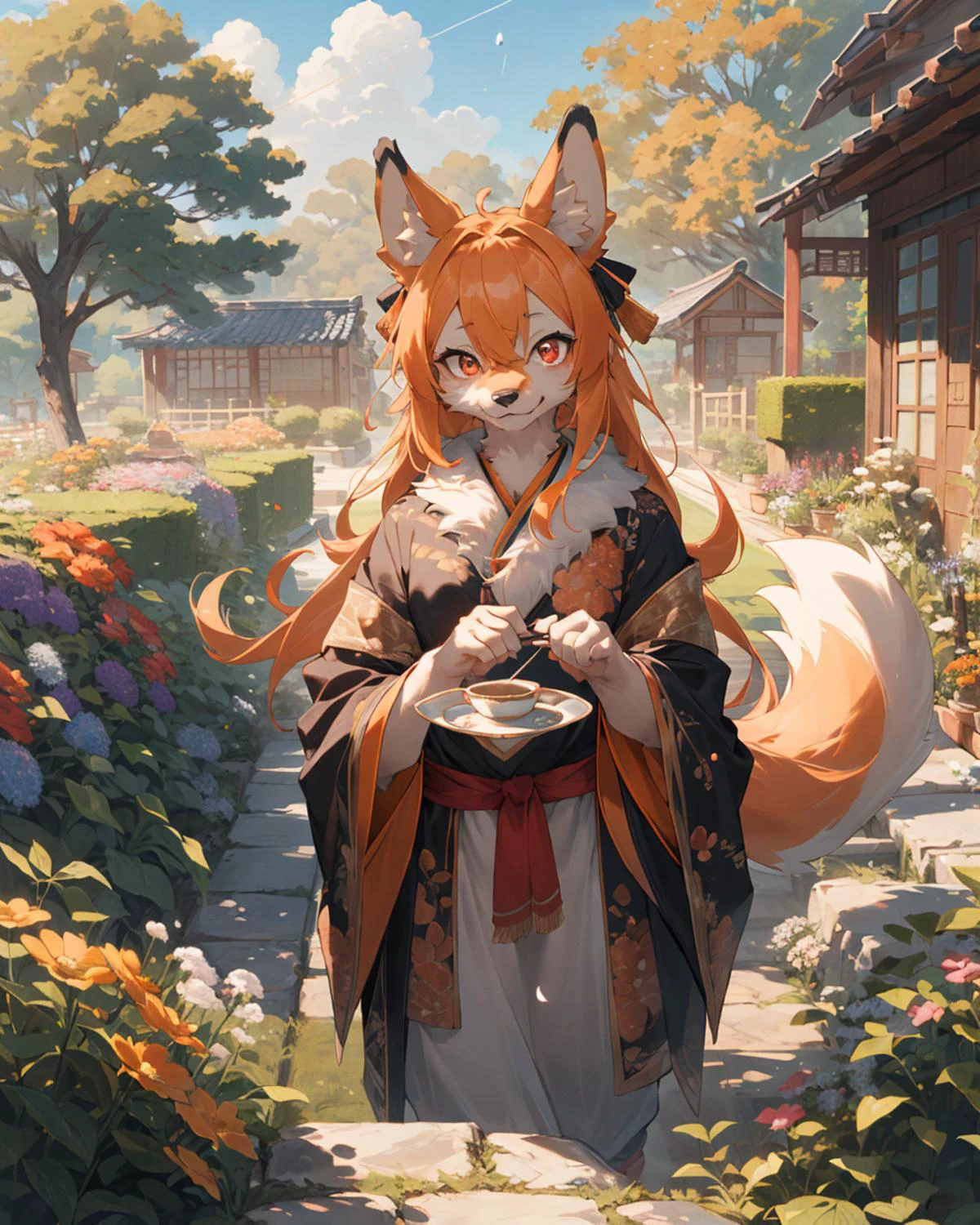 best hands,best quality,(masterpiece,ultra detailed 8k art), (illustration),tea time,Fluffy,Anime style, (anthro, 1 girl,furry girl,drooping ears dog),out door, chinese clothes,orange long hair, (orange drooping ears),(drooping ears:1.2), orange tail, red eyes,flower garden