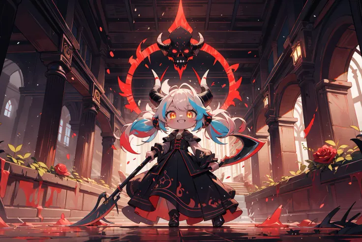 dutch angle, from below, best quality, (wide Shot, masterpiece, ultra detailed 8k art), best hands, (2 horns, focus 1 Girl of Death face), tilt one's head, (cmulti colored hair:1.3), low twintails, evil smile, glowing yellow eyes, Black dress, (Grab the golden grim reaper's scythe) BREAK
(red pool, last judgment:1.2), red pool with floating White Rose, scary, Wall with mysterious carvings, gothic, catacombs, Rose, labyrinth, complex building, High ceilings, large spaces