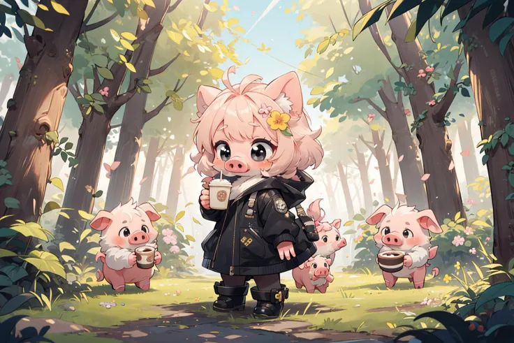 (masterpiece,ultra detailed 8k art),(pig nose,anthro:1.3),best quality, pig girl,pastel pink Medium hair,all black eyes,Simple black coat,(furry,fluffy:1.15),full body,defloration, (chibi:1.25),Black short boots,out door,forest, cafe