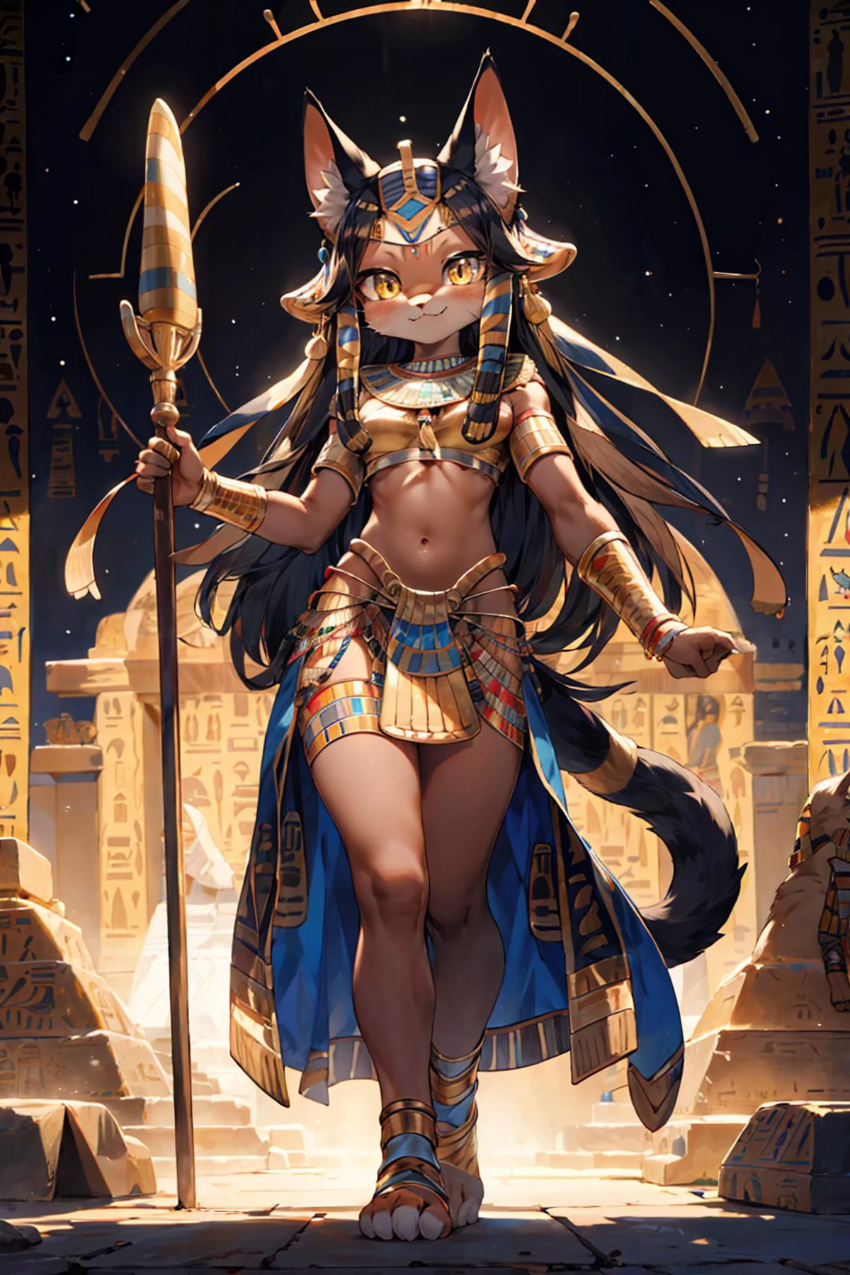 (religious:1.3),masterpiece,best quality,ultra detailed,highres,absurdres,illustration,(cute:1.3),kawaii,(furry:1.5),(Empyrean:1.3),(fluffy:1.3) BREAK 1girl,solo,cat ears,(dark skin:1.2),cat tail,brown hair,jewelry hair ornament,detailed and gradient yellow eyes,(Ancient Egyptian mythology clothes:1.4),(Bastet:1.3),(goddness:1.3),(forehead jewel:1.2),faith,(graceful smile:1.2),standing,holding long staff,Hieroglyphic Embroidery, BREAK Ancient Egyptian background,Hieroglyphic <lora:flat2:-0.5>