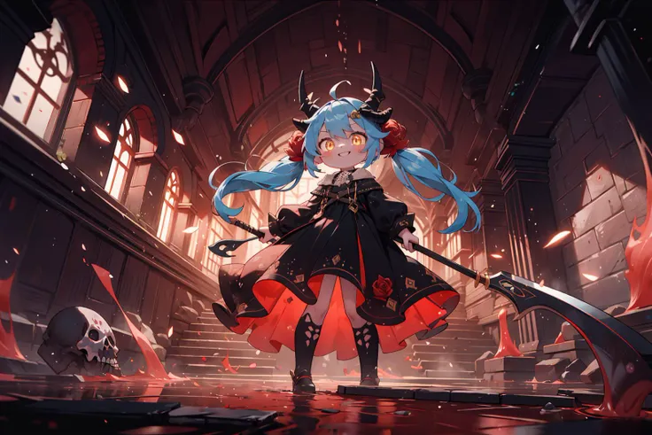 dutch angle, from below, best quality, (wide Shot, masterpiece, ultra detailed 8k art), best hands, (2 horns, focus 1 Girl of Death face), tilt one's head, (cmulti colored hair:1.3), low twintails, evil smile, glowing yellow eyes, Black dress, (Grab the golden grim reaper's scythe) BREAK
(red pool, last judgment:1.2), red pool with floating White Rose, scary, Wall with mysterious carvings, gothic, catacombs, Rose, labyrinth, complex building, High ceilings, large spaces