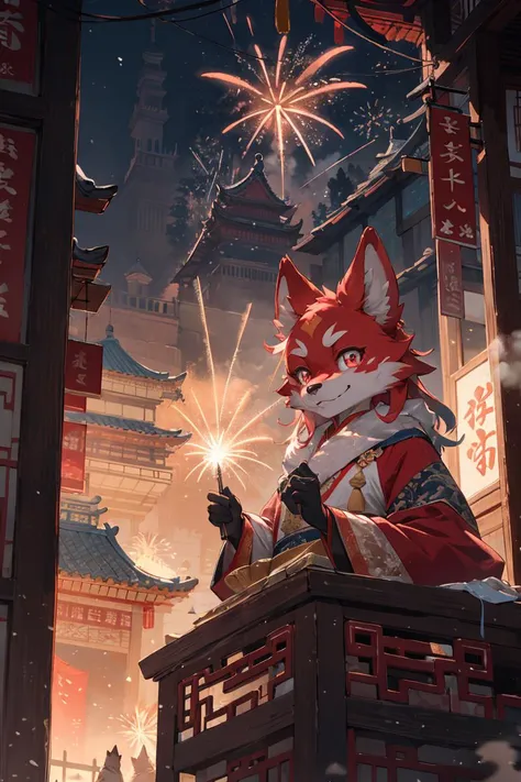 from below,(best Fluffy hands:0.7),wide Shot,best quality,(official art, masterpiece,ultra detailed 8k art,fantasy),upper body, (furry,anthro,Fluffy body:1.3),(Fluffy,furry female,1 hand on ches,red cat earst), focus face, 1 cat's thin red tail,pink eyes, chinese clothes, wavy hair, medium long hair BREAK
have a Chinese bun,night view,backlight,hair ornaments,(winter, fireworks,Spectacular view:1.25),outdoor,smile,(midnight:1.2) , old dilapidated building, China, Clothes with traditional Chinese patterns, golden patterns,wonder, brilliance,festival, crowd,new year,square,(looking at viewer),steam