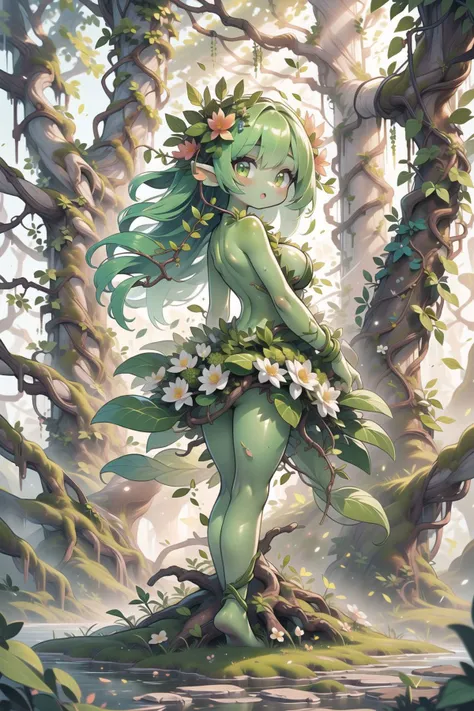 Style-GHL,dutch_angle, From front, full body,best quality,( masterpiece,ultra detailed 8k art), 1girl, solo,focus 1,(Close up 1 plant girl:0.7),looking back,(head_tilt:1.3),:o,dryad, breasts, colored skin, monster girl, plant girl, green skin, flower, plant, long hair, hair ornament, hair flower, navel, smile, green hair, large breasts, vines, leaf,large tutu made of leaves,
jungle,light_beam,light particles, rainbow_gradient, prismatic glitter,  <lora:concept-dryad-1.0:0.8> <lora:gg1:0.8>