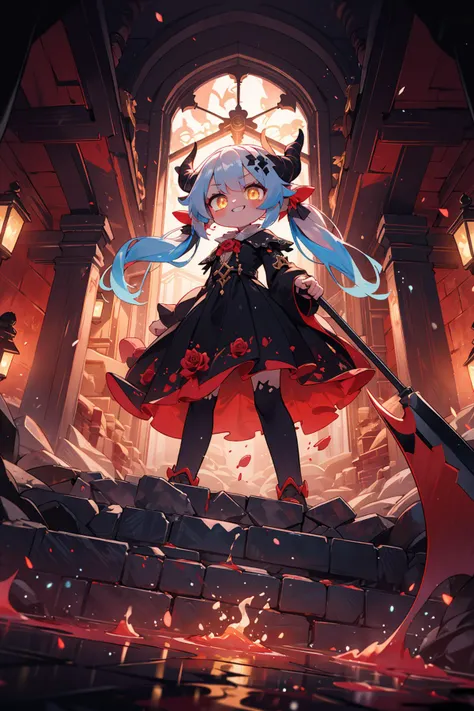 dutch angle, from below, best quality, (wide Shot, masterpiece, ultra detailed 8k art), best hands, (2 horns, focus 1 Girl of Death face), tilt one's head, (cmulti colored hair:1.3), low twintails, evil smile, glowing yellow eyes, Black dress, (Grab the golden grim reaper's scythe) BREAK
(red pool, last judgment:1.2), red pool with floating White Rose, scary, Wall with mysterious carvings, gothic, catacombs, Rose, labyrinth, complex building, High ceilings, large spaces