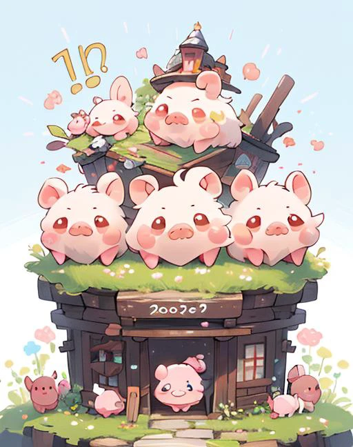 Best quality, (masterpiece:1.1576), (high resolusion:1.2155), (illustration:1.05) (ultra detailed 8k art:1.05), kawaii, (fluffy), cute, (micro pigs:1) , deformation, multiple Kawaii pigs, lots of micro sized pigs, fantasy,Thank you!,â¤
