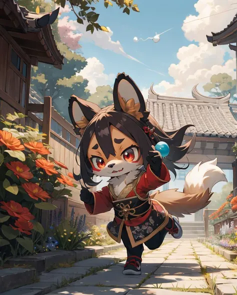 best hands,best quality,(masterpiece,ultra detailed 8k art),chibi, (Deformed,illustration:1.3),running,Fluffy,Anime style, (anthro, 1 girl,lopâeared furry girl),(lopâeared dog,drooping ears dog:1.5),out door, chinese clothes,orange long hair, (orange drooping ears),(drooping ears:2), orange tail, red eyes,flower garden