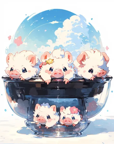 Best quality, (masterpiece:1.1576), (high resolusion:1.2155), (illustration:1.05) (ultra detailed 8k art:1.05), kawaii, (fluffy), cute, (micro pigs:1) , deformation, multiple Kawaii pigs, lots of micro sized pigs