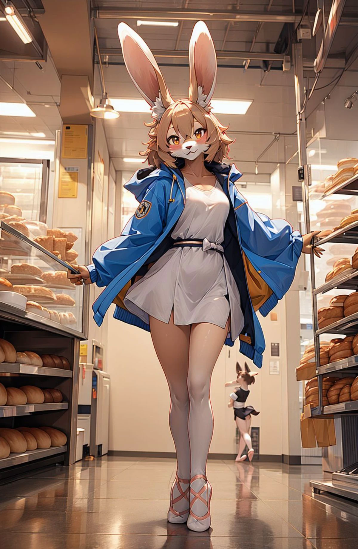 Rabbit furry girl
wearing raincoat,
ballet forms, ballet pose,
Local bakery
slanted eyes
