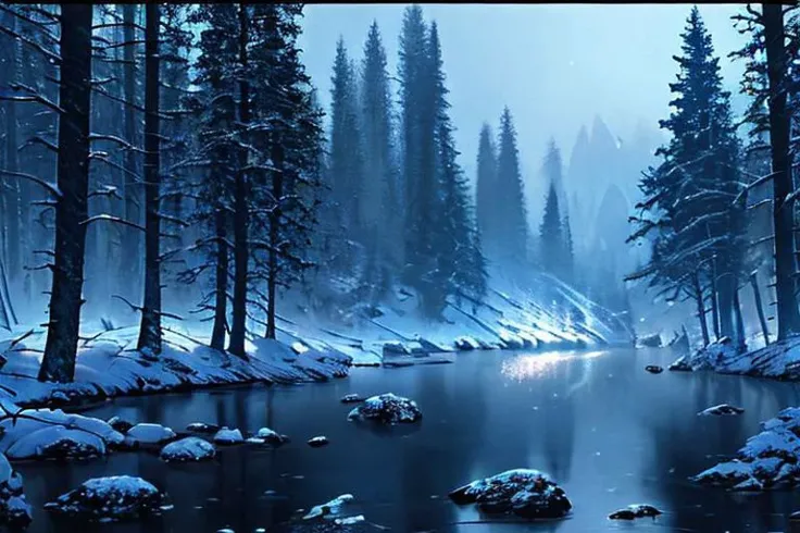 photograph, hyperrealism, cinematic color grading, fantasy, blue hour, winter, scenery,