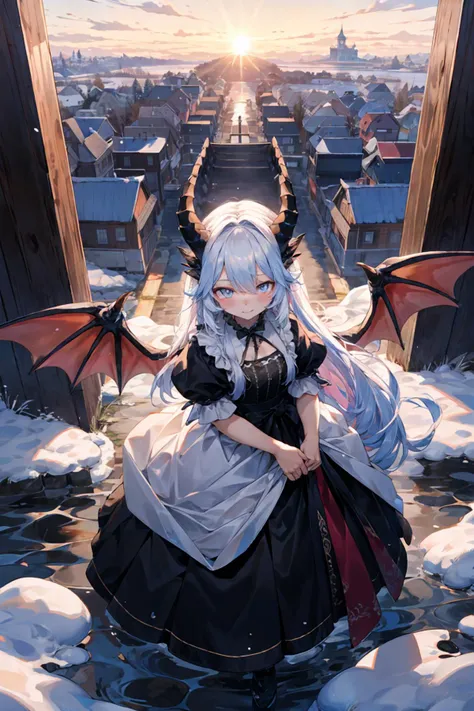 masterpiece,best quality,ultra detailed,highres,absurdres,illustration,cute,kawaii, BREAK 1girl,solo,dragon girl,dragon wings,long hair,gradient,detailed and gradient eyes,wearing traditional (mourning dress:1.3),thighhighs,(clam smile:0.8), BREAK outdoors,sunrise,magnificent view,overlooking, <lora:flat2:-0.5>,